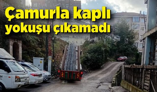 Çamurla kaplı yokuşu çıkamadı