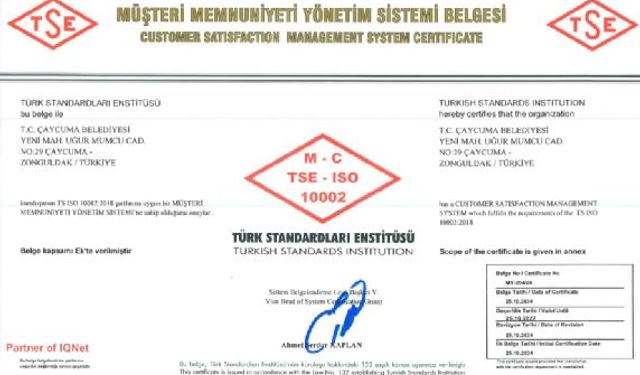 Çaycuma belediyesi ISO 10002 belgesi aldı