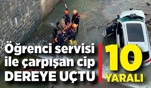 Öğrenci servisi ile çarpışan cip dereye uçtu: 10 yaralı