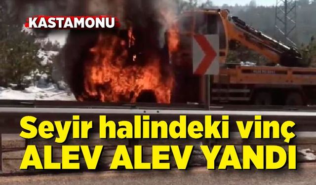 Seyir halindeki vinç alev alev yandı! Vinç kullanılmaz hale geldi