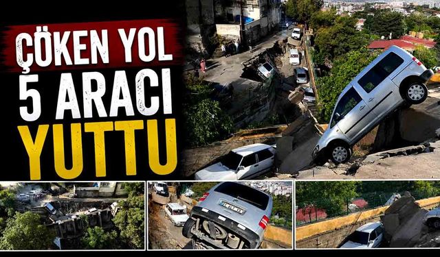 Aşırı yağışla birlikte çöken yol 5 aracı yuttu