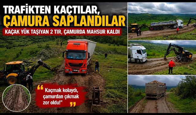 Bayram trafiğinden kaçan tır ve kamyonlar köy yolunda çamura saplandı