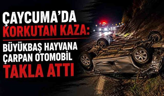 Çaycuma’da korkutan kaza: Büyükbaş hayvana çarpan otomobil takla attı