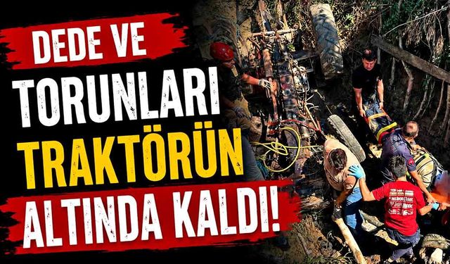 Dede ve torunları traktörün altında kaldı