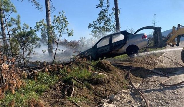 Araç yangını ormanlık alana sıçradı, ekipler alevleri büyümeden söndürdü