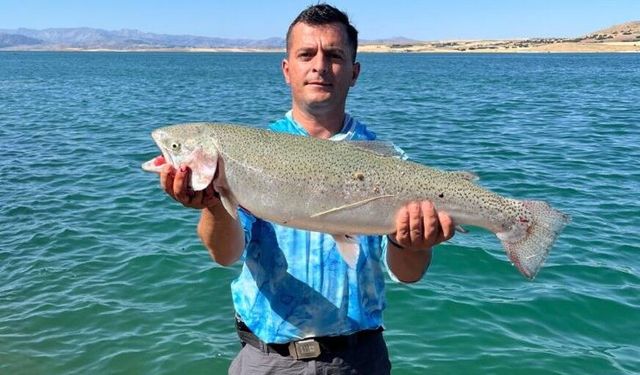 Amatör balıkçı oltayla 5,5 kiloluk alabalık yakaladı