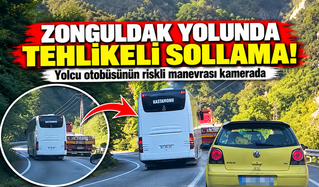 Zonguldak yolunda tehlikeli sollama! Yolcu otobüsünün riskli manevrası kamerada