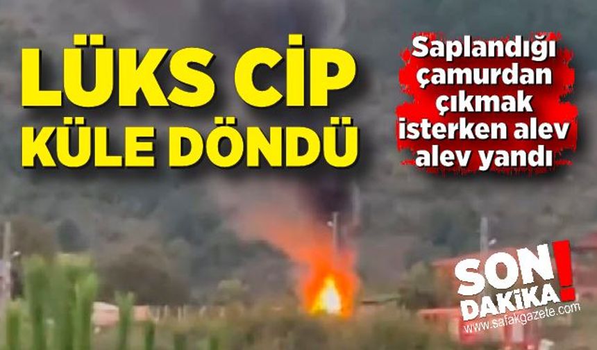 Zonguldak'ta lüks cip saplandığı çamurdan çıkmak isterken küle döndü