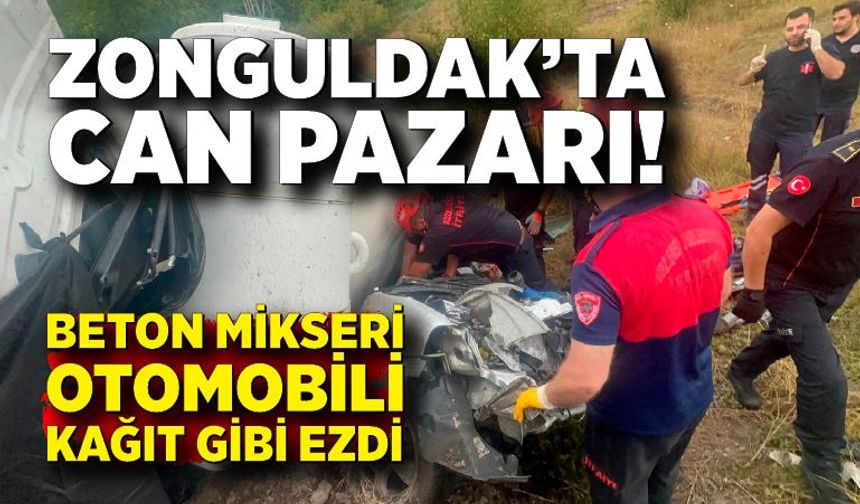Beton mikseri, otomobilin üzerine devrildi; 1 ölü, 1 yaralı