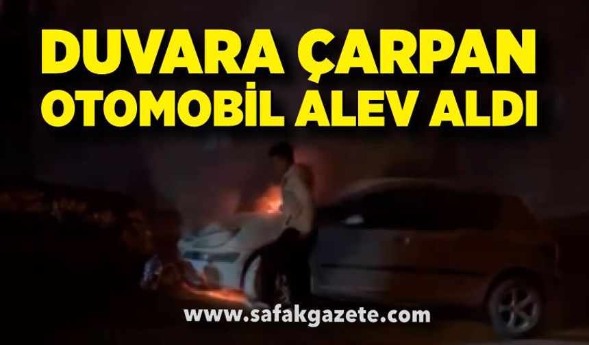 İstinat duvarına çarpan otomobil alev aldı
