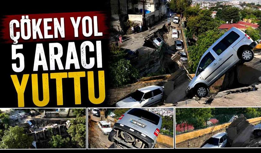 Aşırı yağışla birlikte çöken yol 5 aracı yuttu