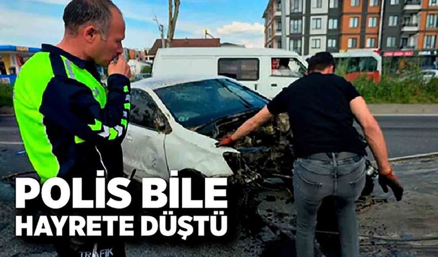 Refüje ve ağaçlara çarpan otomobilin motoru koptu