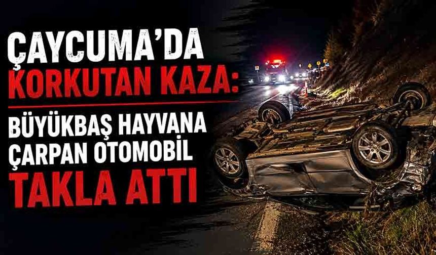 Çaycuma’da korkutan kaza: Büyükbaş hayvana çarpan otomobil takla attı