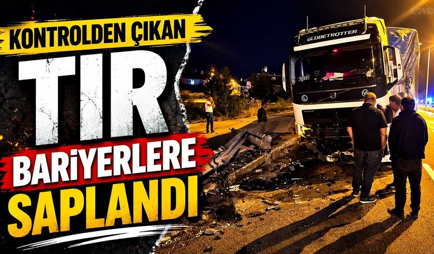 Kontrolden çıkan tır bariyerlere saplandı