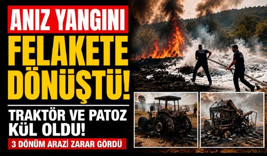 Anız yangınında 3 dönüm alan ile traktör ve patoz makinesi zarar gördü