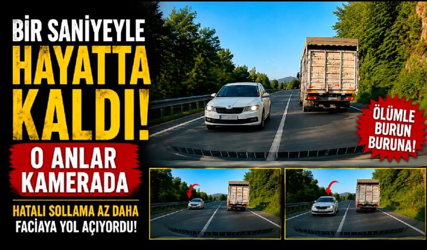 Otomobil kamyonla kafa kafaya çarpışmaktan son anda kurtuldu