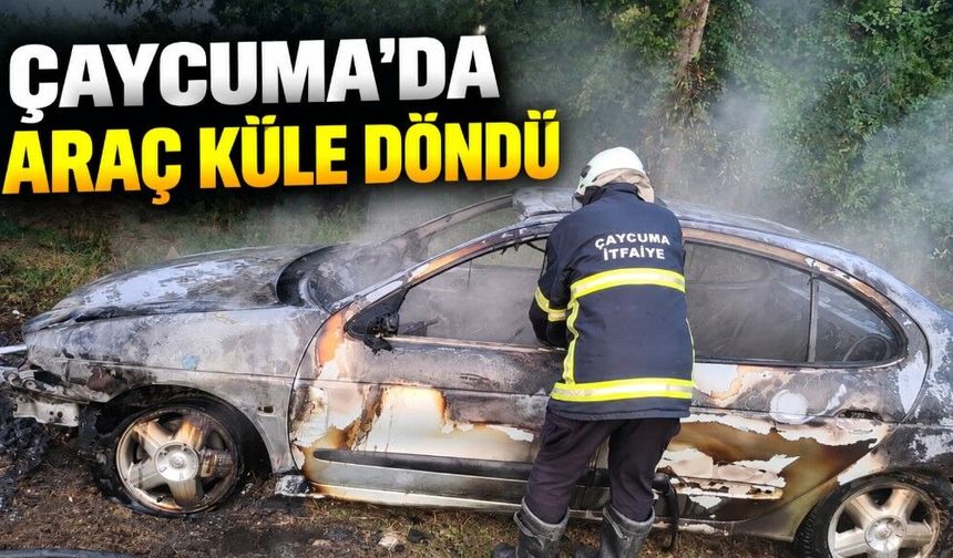 Çaycuma'da park halindeki araç alevlere teslim oldu