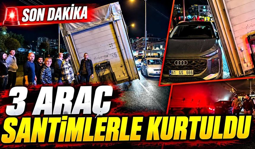 Tırın dorsesi yola devrildi: 3 araç santimlerle kurtuldu
