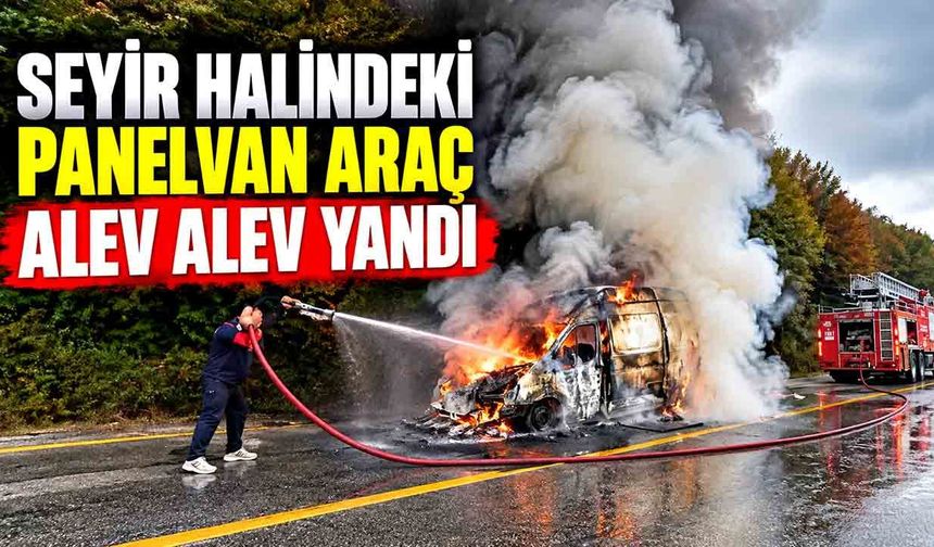 Seyir halindeki panelvan araç alev alev yandı