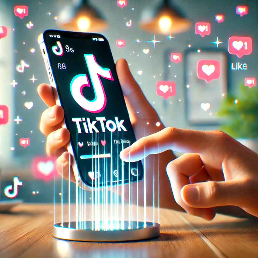 D A L L· E 2024 10 04 15.26.49 A Realistic Image Showcasing A Person Using Tik Tok On Their Phone With A Large Thumbs Up Icon In The Background. The Phone Screen Displays The Tik Tok