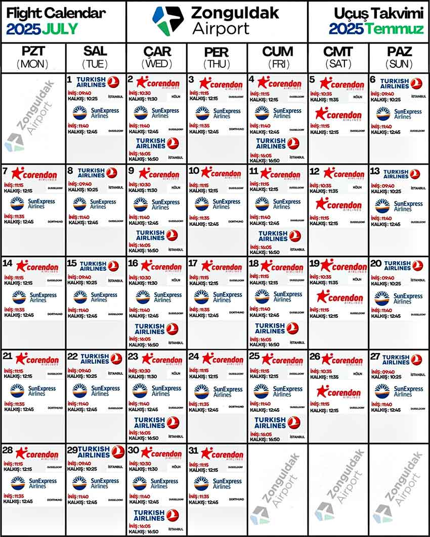 Zonguldak Havalimanı, Temmuz Ayı Uçuş Takvimi-1