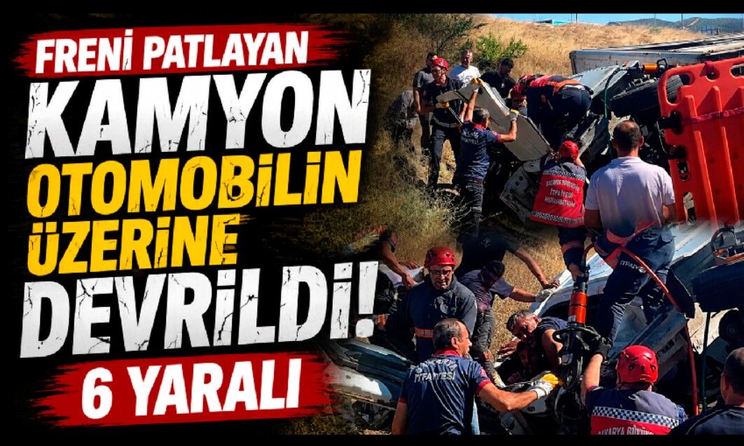 Freni patlayan şeftali yüklü kamyon, otomobilin üzerine devrildi: 6 yaralı