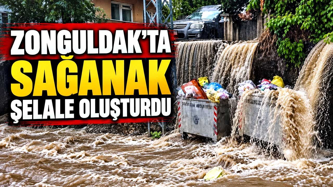 Zonguldak’ta sağanak mini şelale oluşturdu