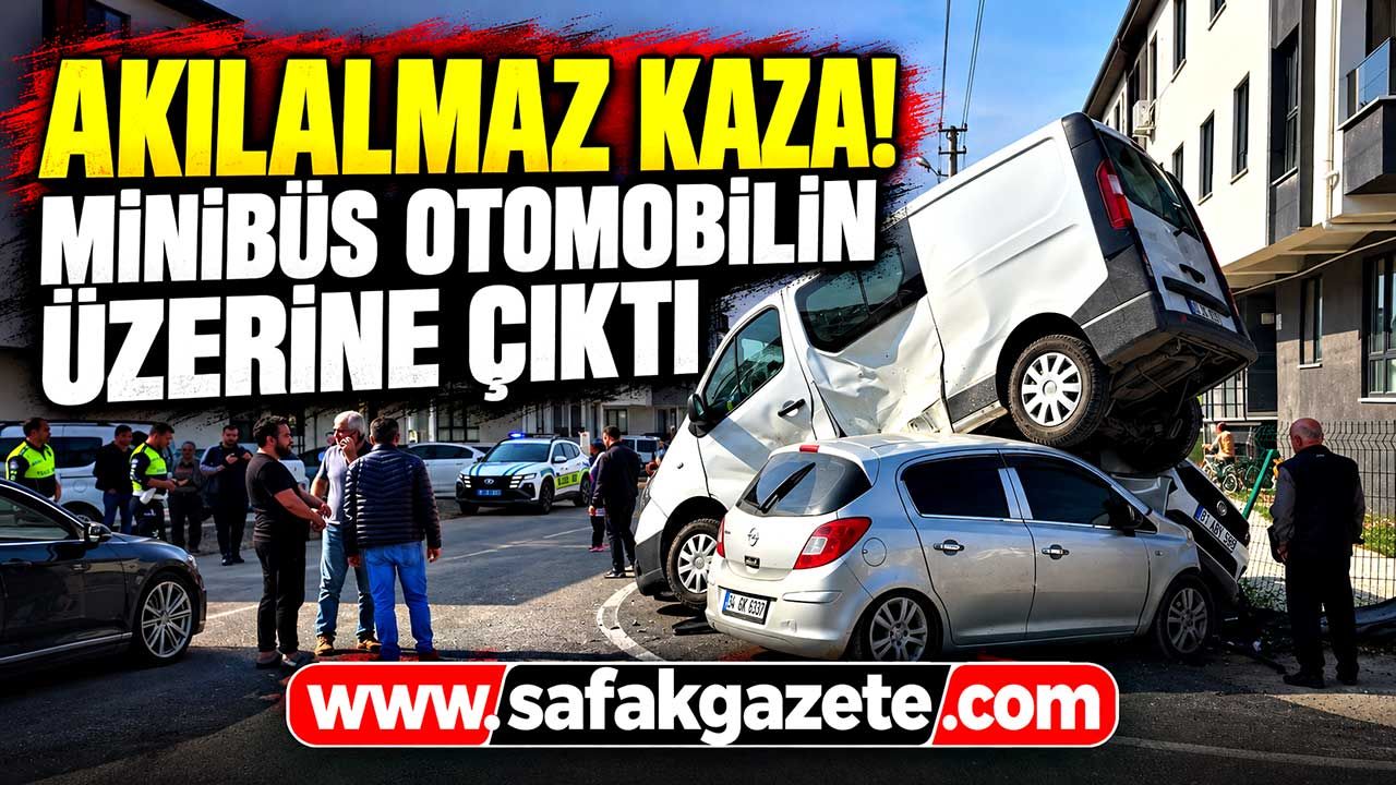 Akılalmaz kaza! Minibüs otomobilin üzerine çıktı